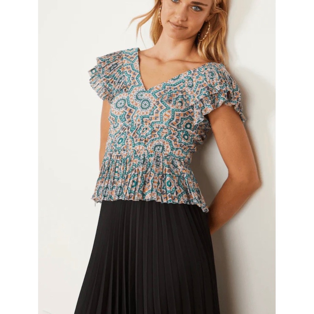 Caballero Katy Top M Flutter Sleeve Cotton Blend Garden Tile Print Going Out Top